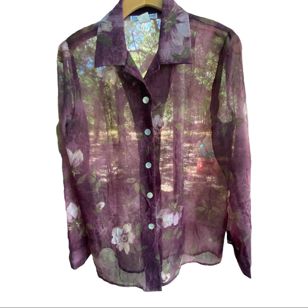Vintage burgundy wine colored sheer textured floral sheer button down blouse.